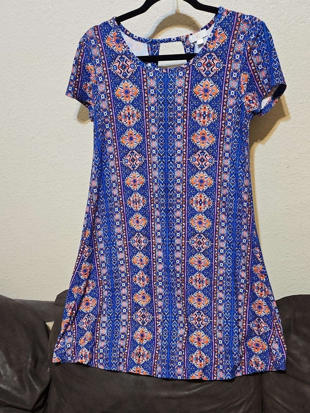 C Blue & Orange Patterned Short Sleeve Mini Dress